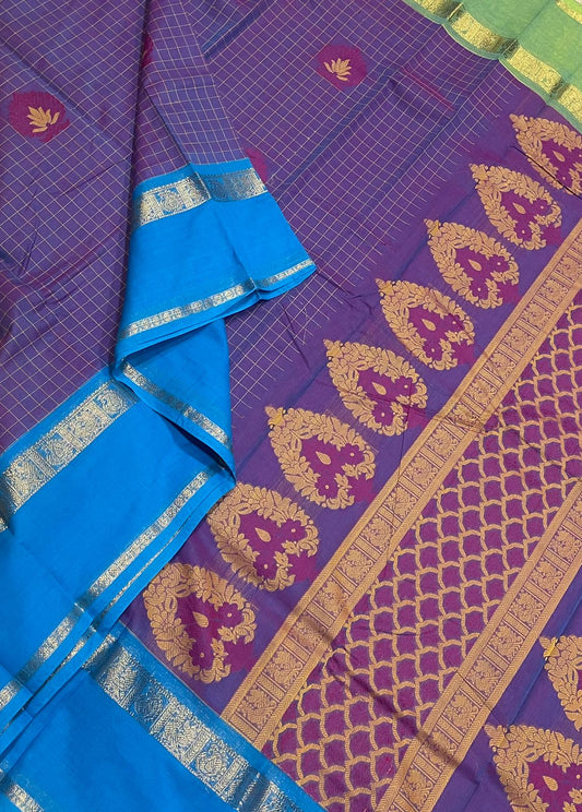 Kanchi soft cotton |kattam x rettaipet border | Violet X gangajamuna