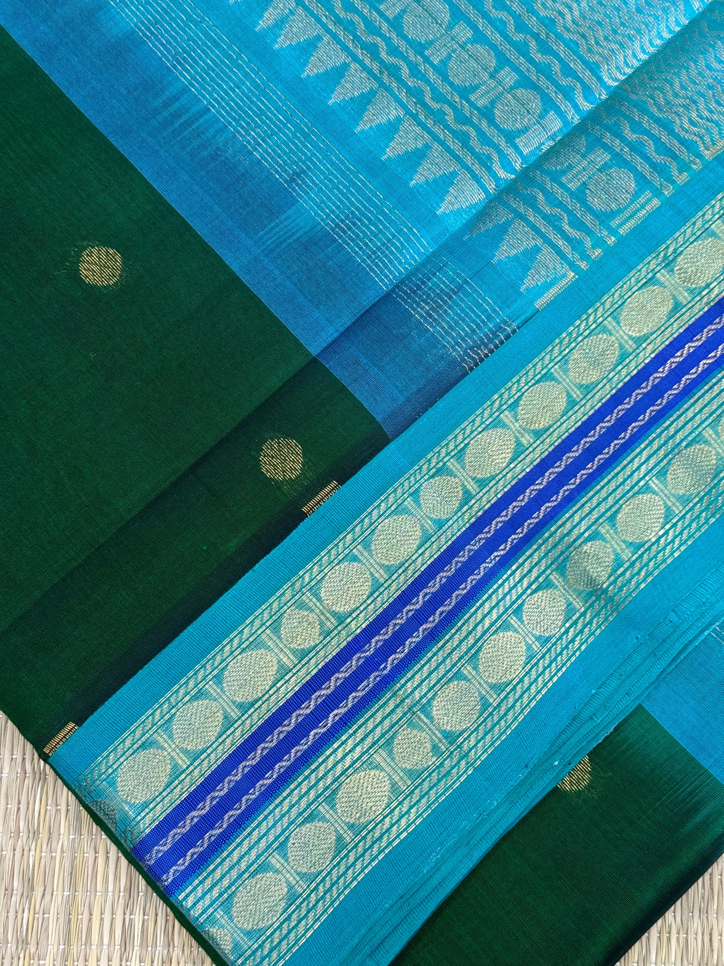 Cotton Silk Sarees | Bottle green  X sky blue