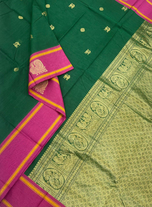 Kanchi cotton x chettinad style| mayil zari border |Green x pink