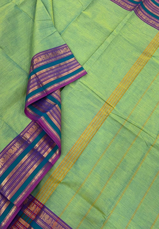 Kanchi cotton| teal x Violet | mayil zari border