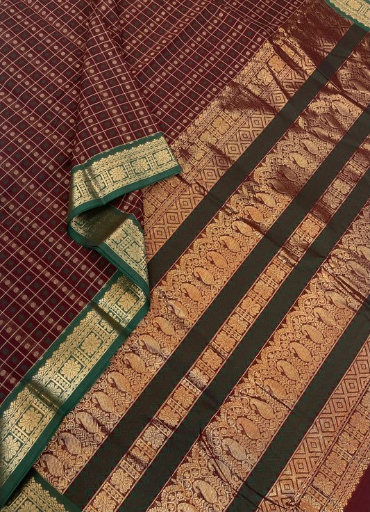 Pure Handloom Kanchi Cotton Saree | 1000 butta X Zari | Coffee brown x Green