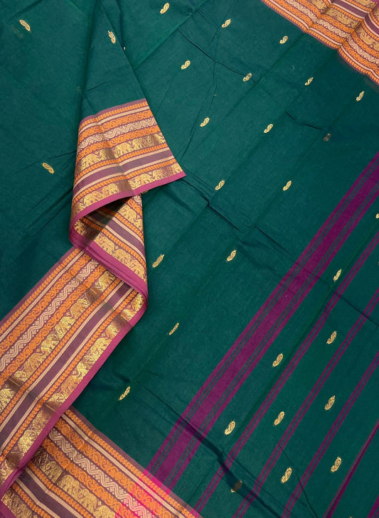 Kanchi cotton| bottle green x pink | thread x zari border