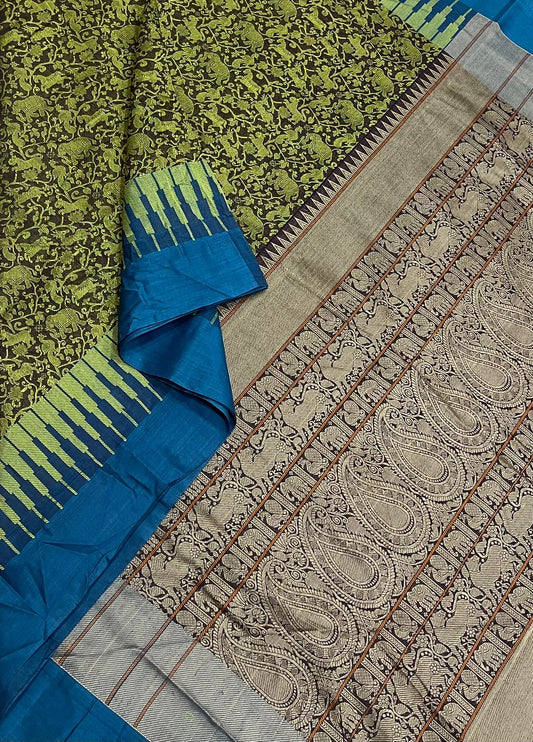 Kanchi handloom rich cotton | Vanasingaram | brown x green x Blue |NKV56