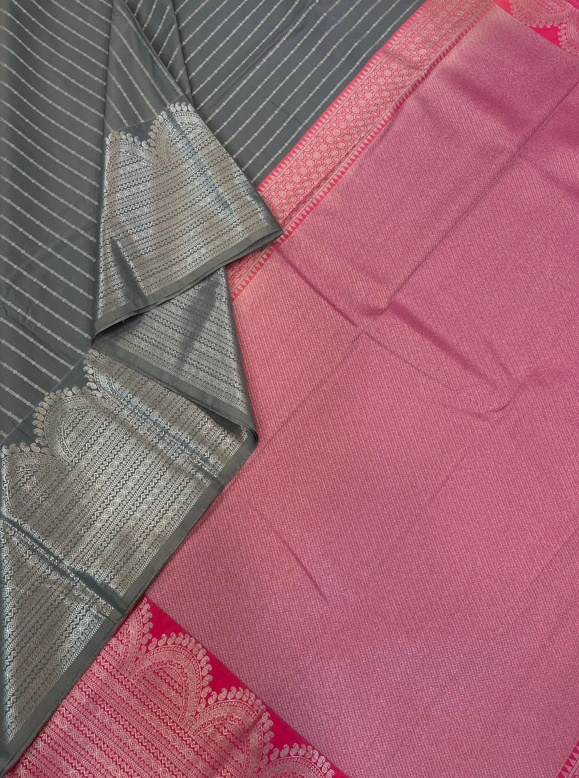 Vegan Silk Sarees Online |Pastel Grey X Pink| German Silver