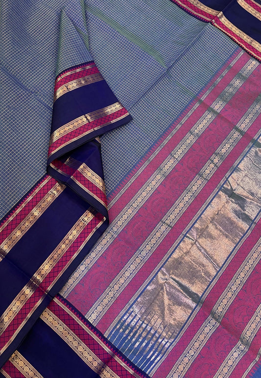 Kanchi Silk Cotton Sarees | Dual blue X Muthukattam checks zari