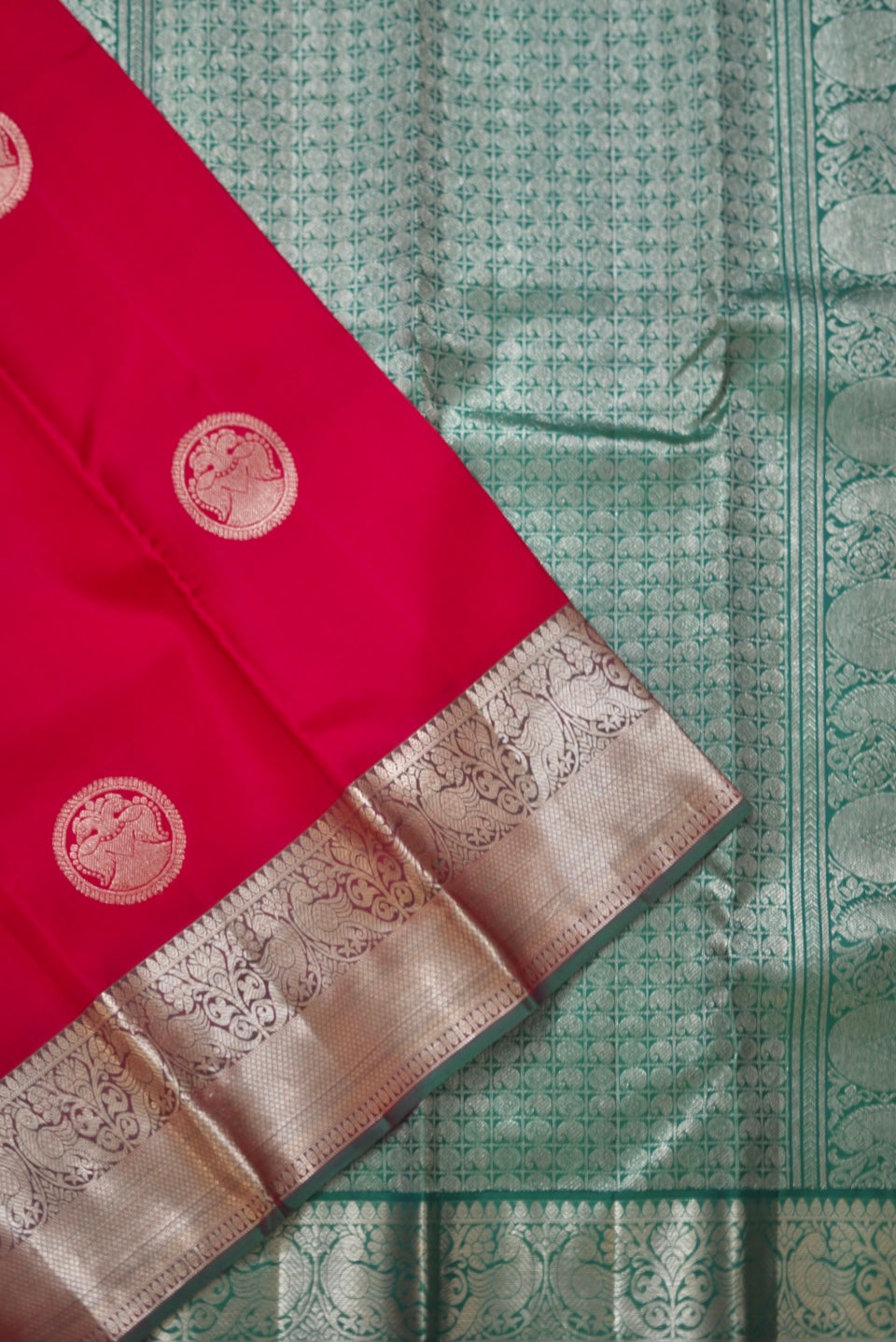 Manjal with Red Rettapet Korvai Silk Cotton saree – Sampoornam Creations